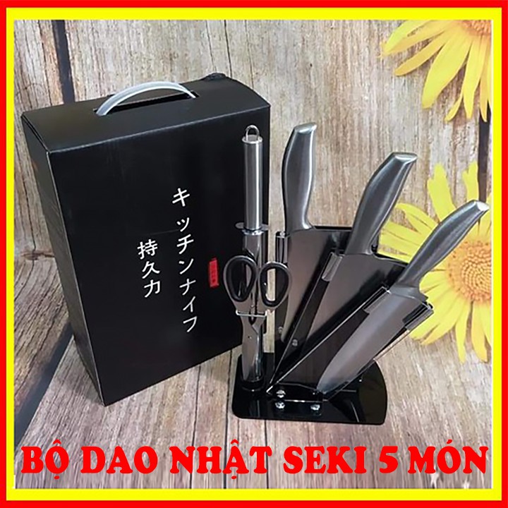 Bộ Dao Inox Cao Cấp Liền Cán 5 Món Kèm Khay Đựng Sang Trọng 19x255