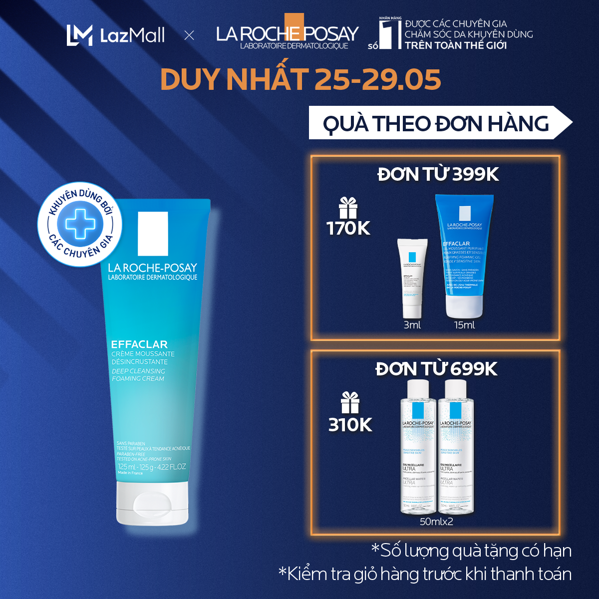 Sữa rửa mặt tạo bọt làm sạch giúp làm sạch sâu và se khít lỗ chân lông không gây khô da La Roche-Posay Effaclar 125ML