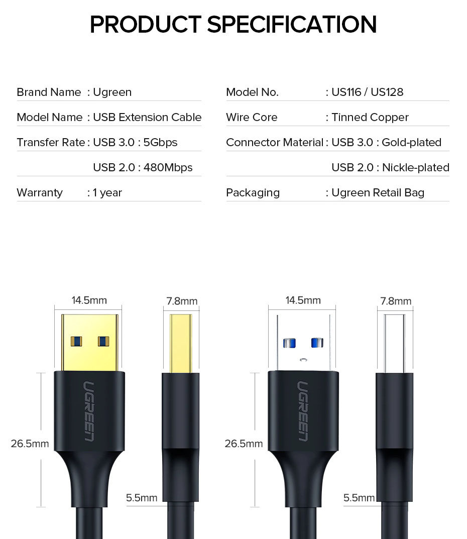 Cáp USB 3.0 link 2 đầu đực Cao Cấp UGREEN US128 Chính Hãng