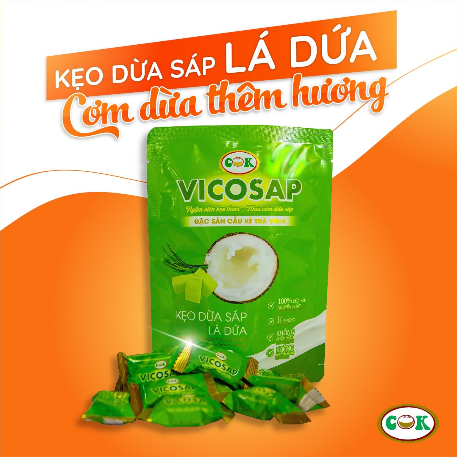 Kẹo dừa sáp Vị lá dứa 100gr Vicosap