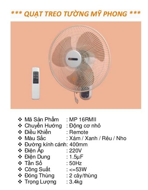 Quạt treo tường CÓ REMOTE Mỹ Phong MP16RMII (có Remote)