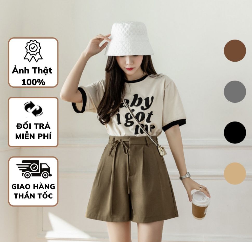 Quần short nữ cạp cao quần sooc nữ ống rộng cột dây nơ eo chất Ruby mềm mịn