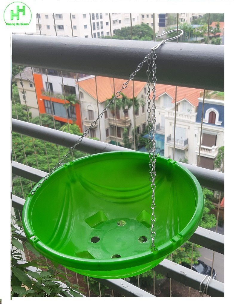 5 chậu nhựa tròn trồng hoa màu xanh có móc treo - chậu chảo treo trồng hoa có móc xích kèm theo! kt: 33x13 cm