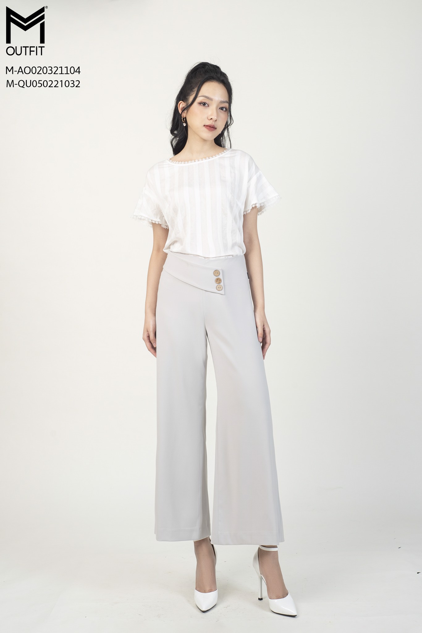 Quần ống rộng, đính cúc gỗ - mmoutfit