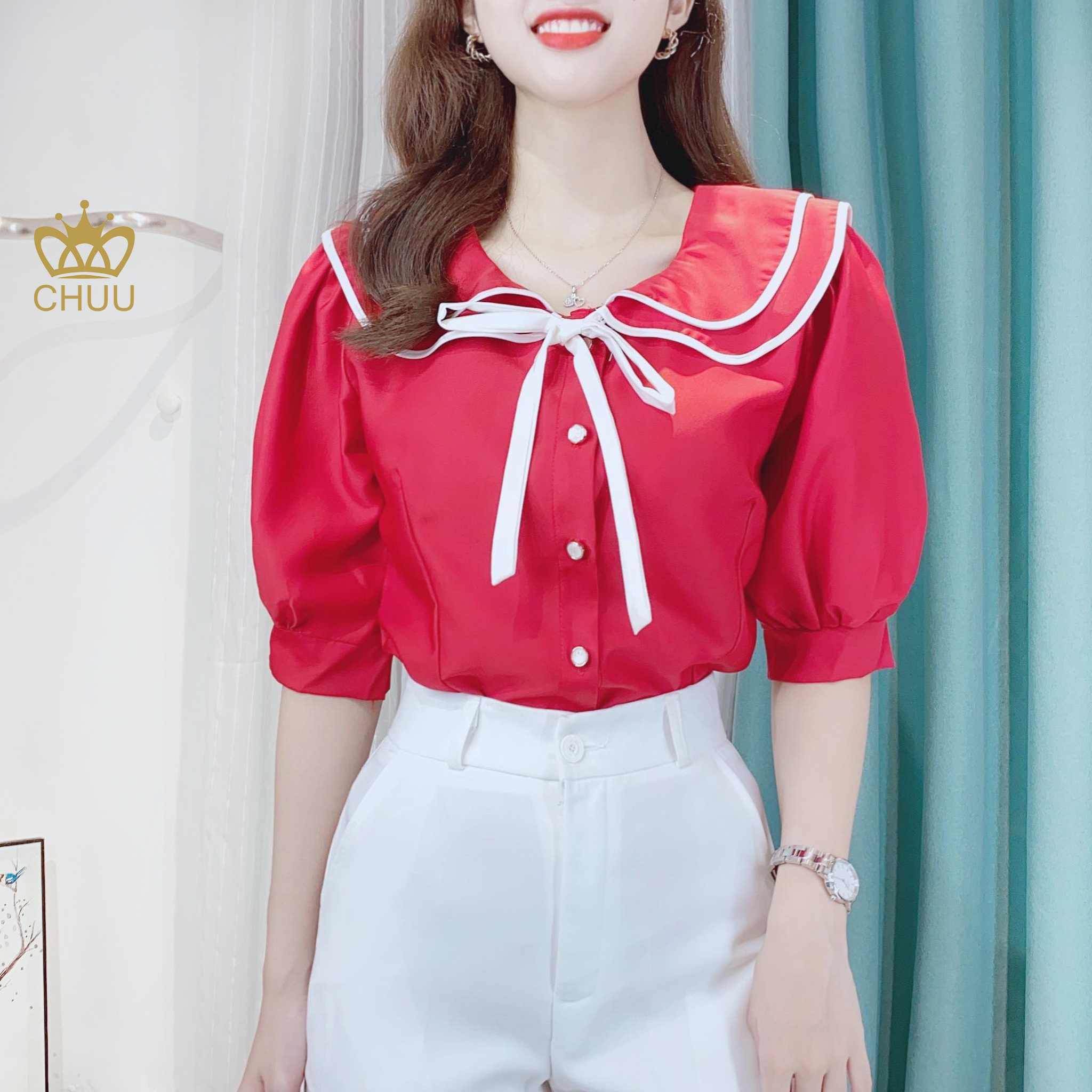 Áo sơ mi công sở nữ kiểu cổ sen 2 tầng cột nơ CHUU A6747