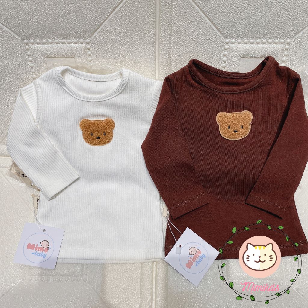 Áo dài tay đính gấu chất cotton cho bé trai , bé gái 2 màu trắng và nâu cho bé Mimikids QA32