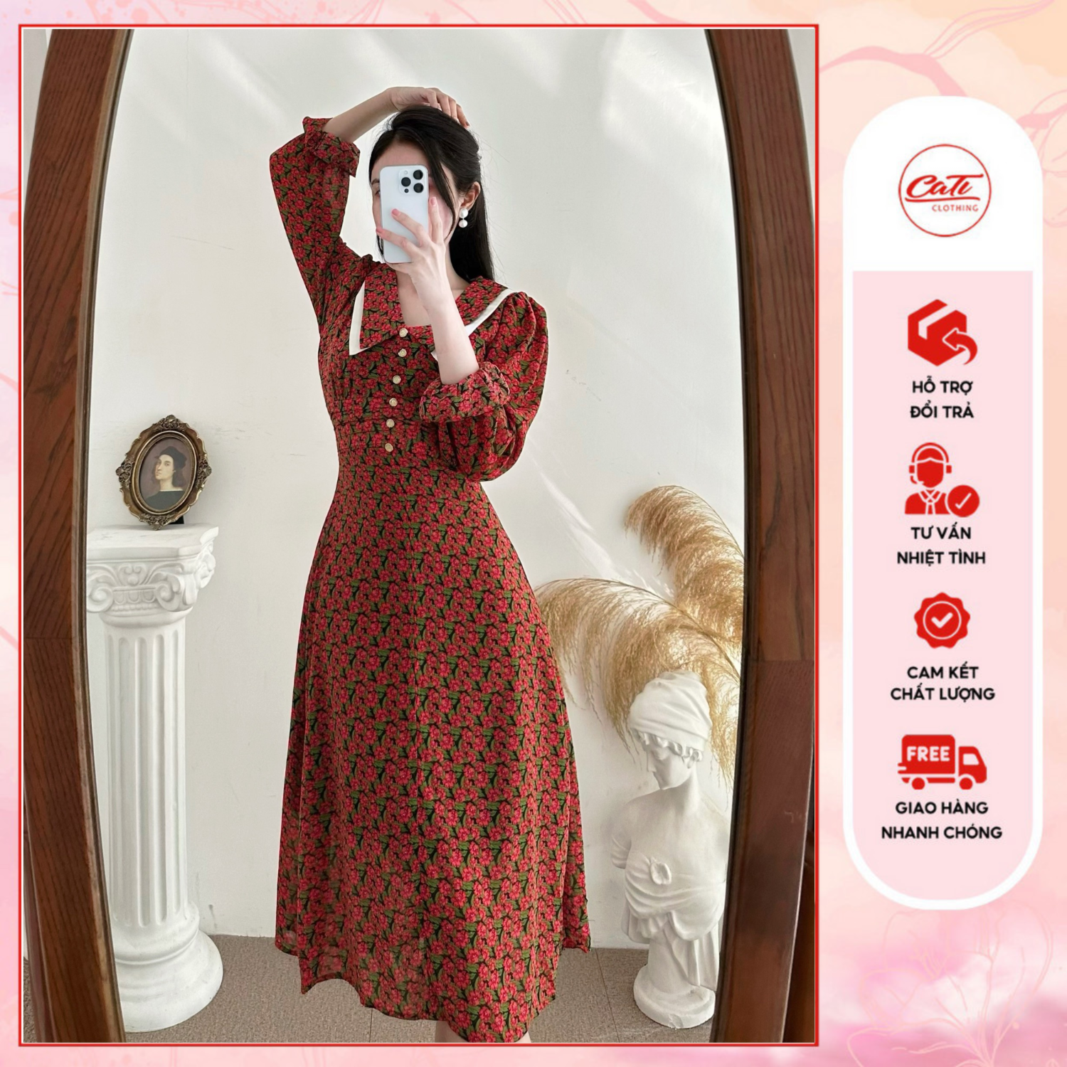 Cati đầm midi lụa hoa cam tiểu thư (1430)