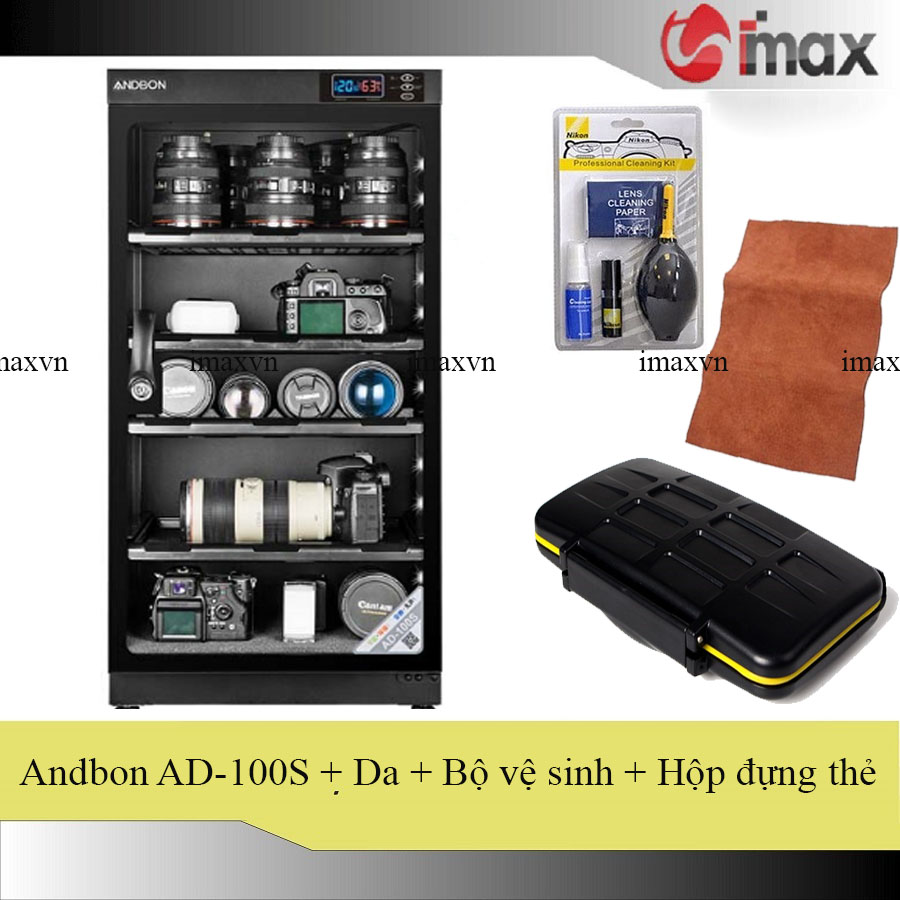 Tủ chống ẩm andbon ad-100s - công nghệ japan + hộp đựng thẻ chống nước + bộ vệ sinh máy ảnh 8 in 1 + tặng da cừu lau len
