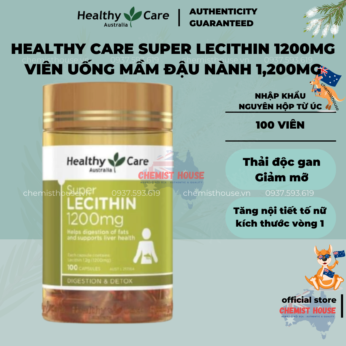 [TL CHẢY NƯỚC DO VC] Healthy Care Super Lecithin 1200mg - Viên uống tinh chất mầm đậu nành 100 viên tăng vòng 1 nội tiết tố nữ