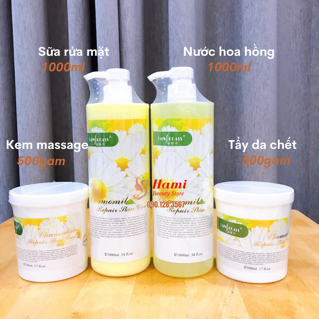 [Date 2026] Bộ chăm sóc da hoa cúc 4 món cho spa (kem massage mặt. sữa rửa mặt, tẩy da chết, nước hoa hồng)