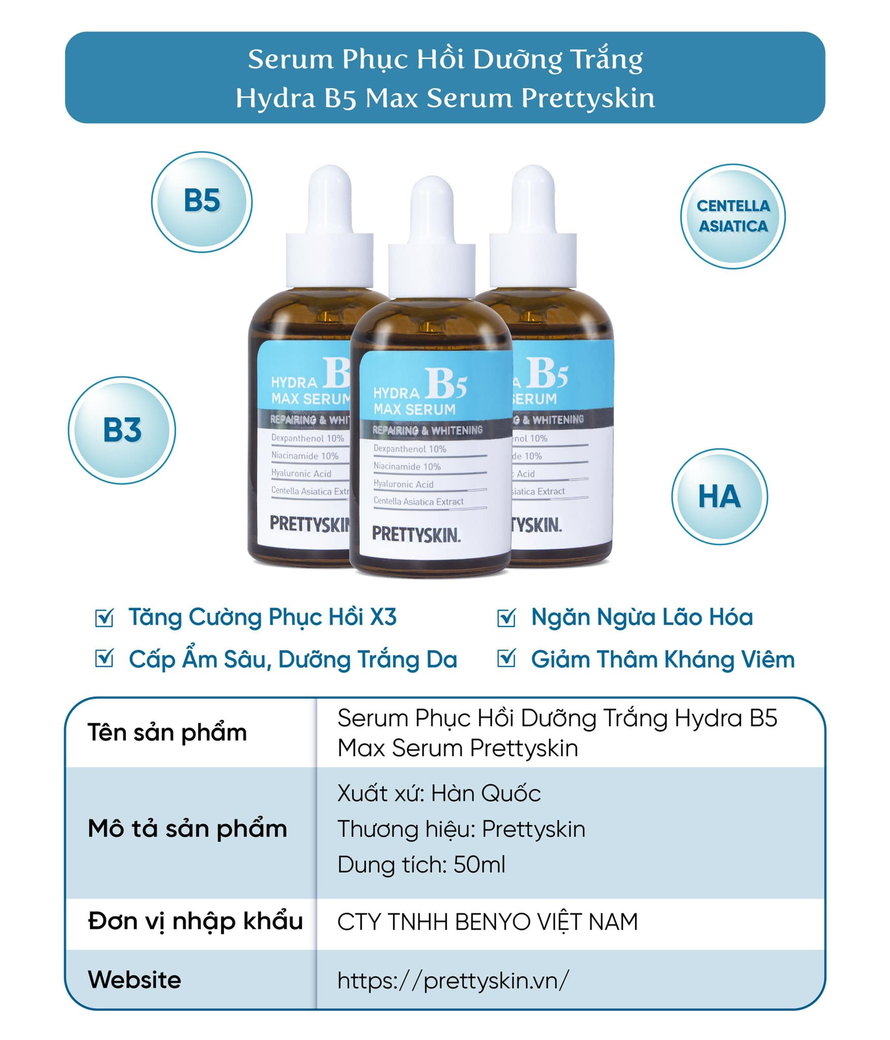 Tinh chất phục hồi dưỡng trắng Hydra Max B5 Serum Prettyskin 50 ml