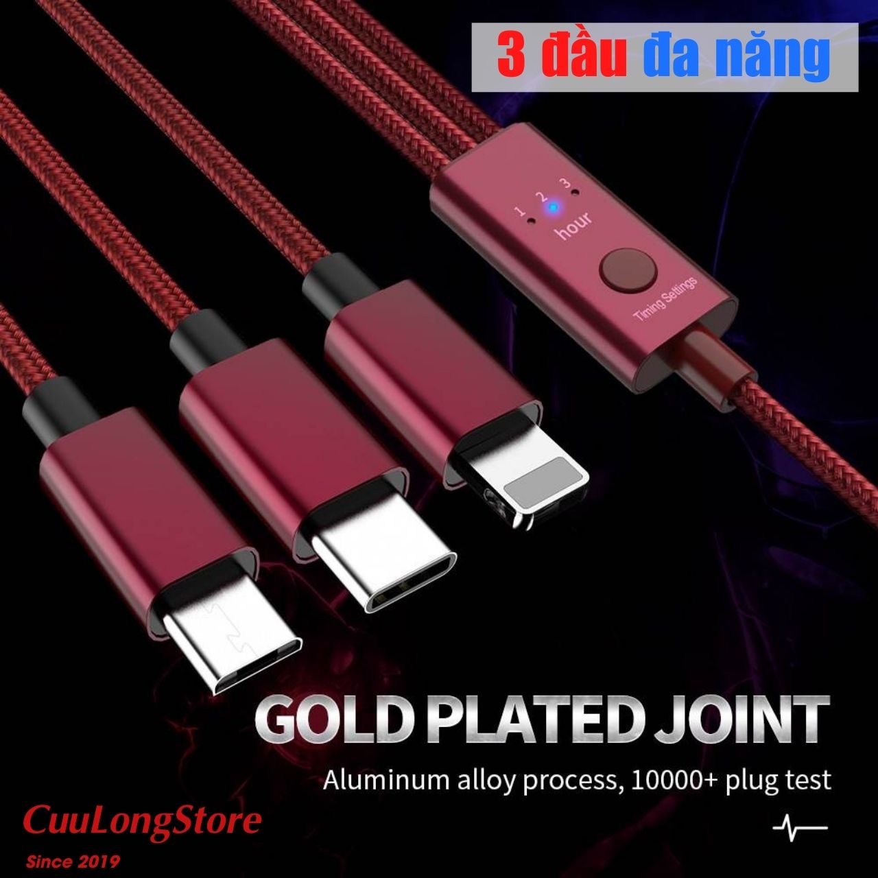 Cáp Sạc Tự Ngắt Hẹn Giờ Thông Minh 3H, 3 Đầu Đa Năng Lightning Type C Micro USB Chống Chai Pin, dây sạc tự ngắt an toàn sạc ban đêm
