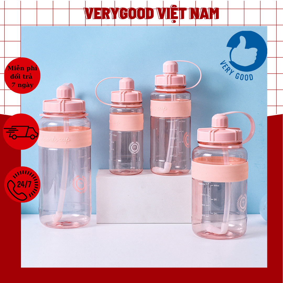Bình Nước Tập Gym, Thể Thao Verygood Việt Nam Có Dây Đeo Tiện Lợi - Bình Nước Thể Thao Chia Vạch Nhựa Trong Suốt Chống Rò Rỉ Nhiều Màu Sắc Tiện Dụng Kèm Dây Đeo Dung Tích 600ml 1000ml 1500ml 2000ml