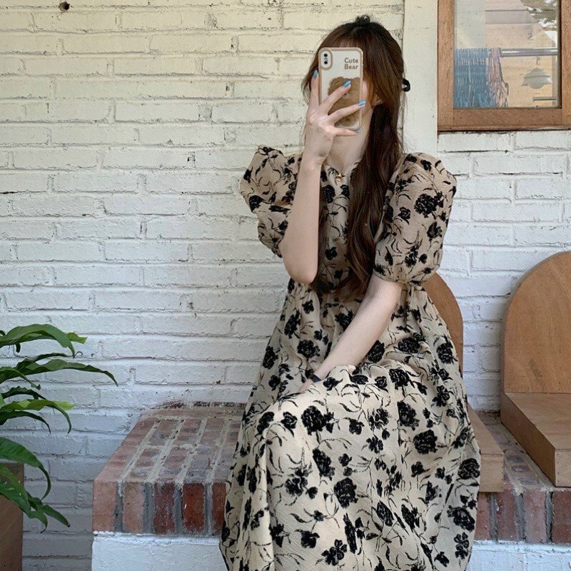 Đầm bầu công sở phối hoa đen dáng xòe