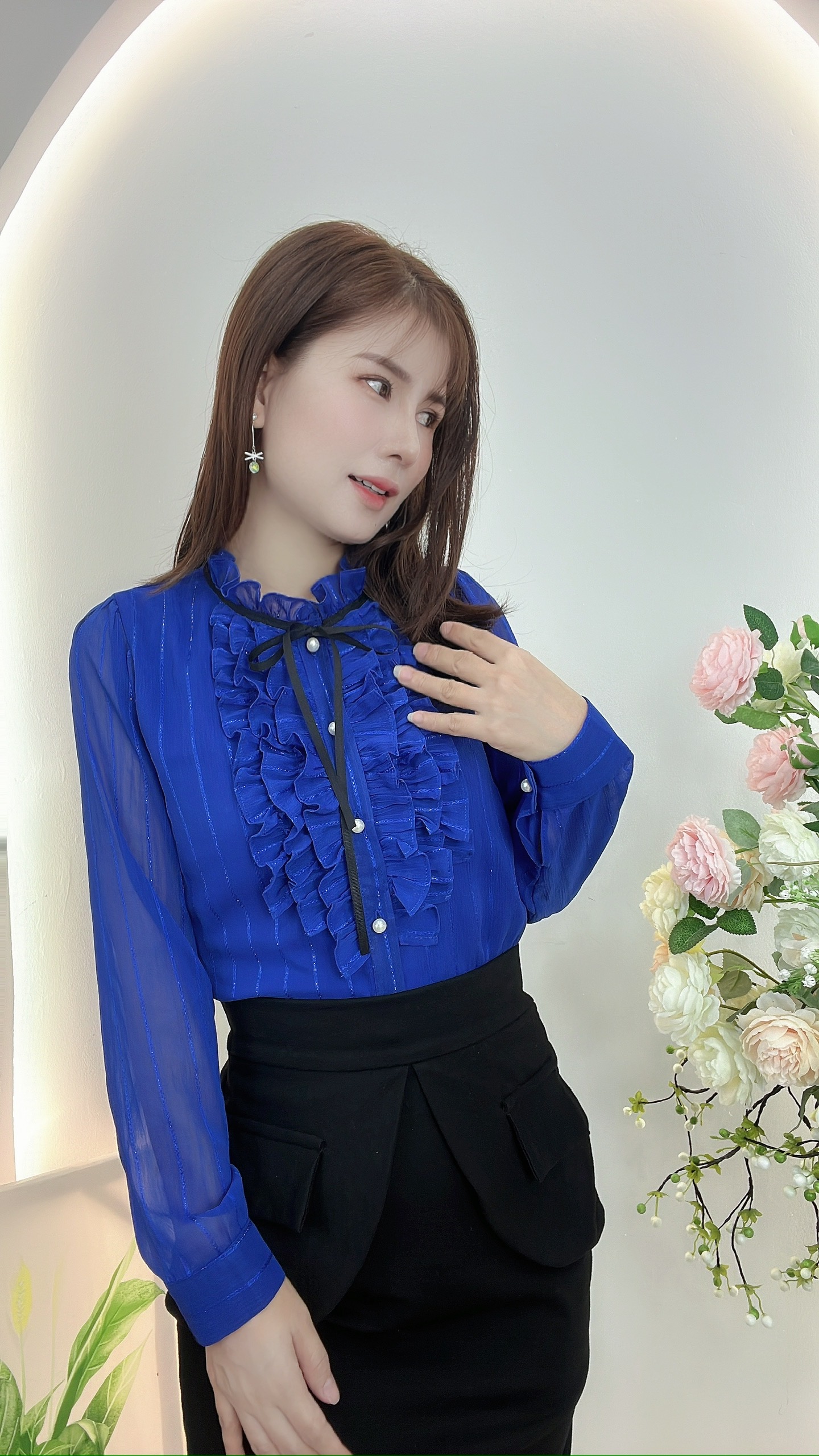 AN40 - ÁO KIỂU CÔNG SỞ BÈO KÈM NƠ ĐEN