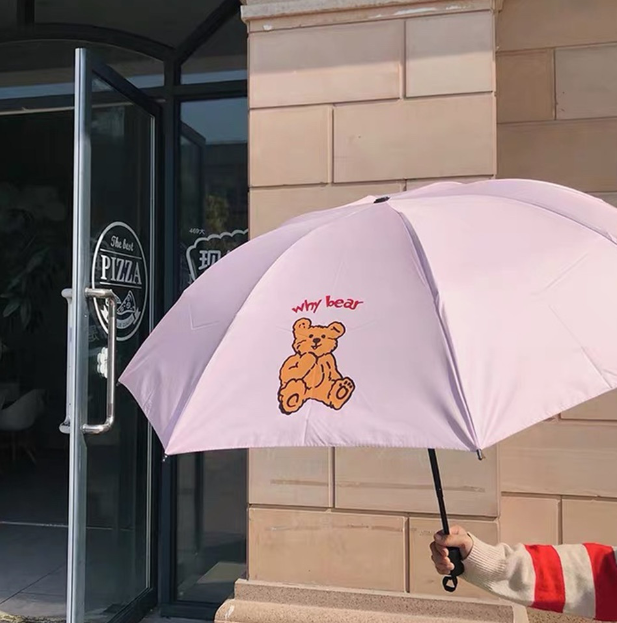Ô dù đi mưa đi nắng gấp gọn có dây treo Why bear (Hồng)