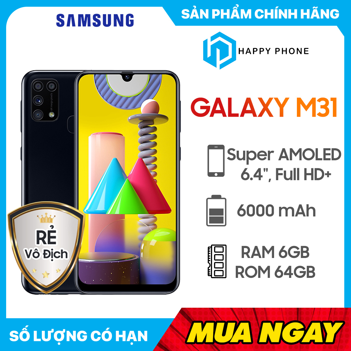 Điện thoại Samsung Galaxy M31 Bộ nhớ trong 64GB RAM...