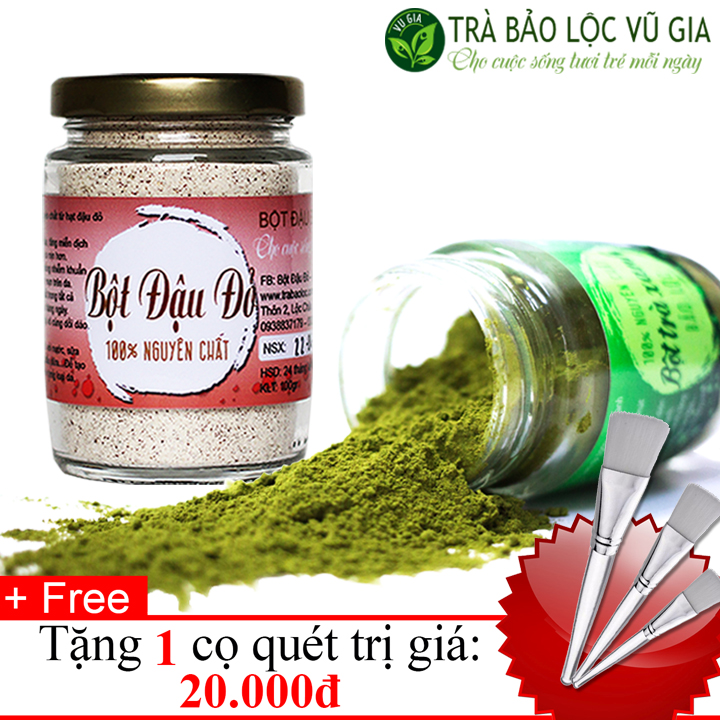 Combo Bột Trà Xanh + Bột Đậu Đỏ Nguyên Chất Vũ Gia (100g/hũ) + Tặng Cọ Quét - Mặt na dưỡng da, tẩy tế bào chết, tắm trắng toàn thân - Đã được kiểm nghiệm y tế