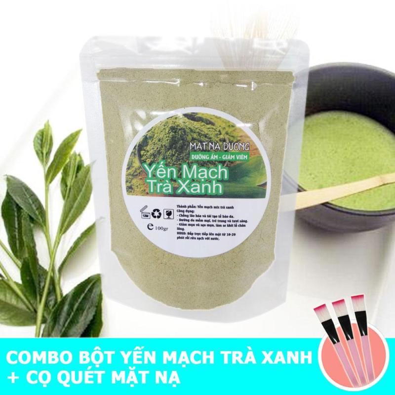 COMBO Bột yến mạch trà xanh đắp mặt nguyên chất 100% gói 100g + Cọ quét mặt nạ