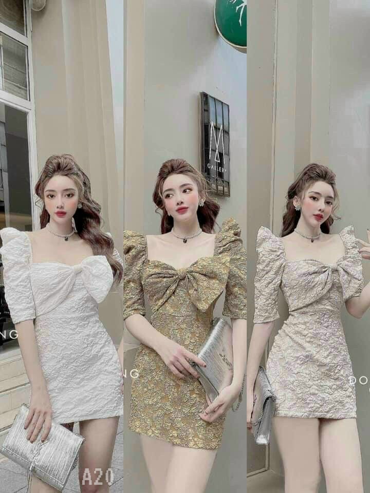 Đầm gấm nơ tay phồng-ZU#damnu