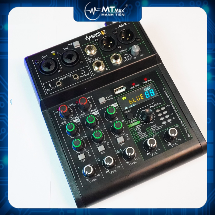 Bàn Mixer G4 mini 2024  - 88 chế độ vang, 3 kênh (2 mono, 1 stereo) - Tích hợp nguồn 48V dành cho micro thu âm - Đầy đủ kết nối Bluetooth, USB, XLR, 6.5mm, Canon - Mixer chuyên dụng cho loa kéo, dàn karaoke gia đình, thu âm, livestream