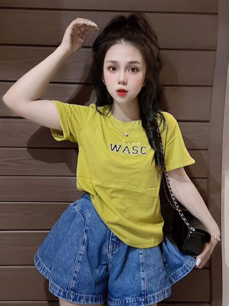 Áo thun Thái nữ dáng vừa phối chữ ( Mã WASC phom vừa )