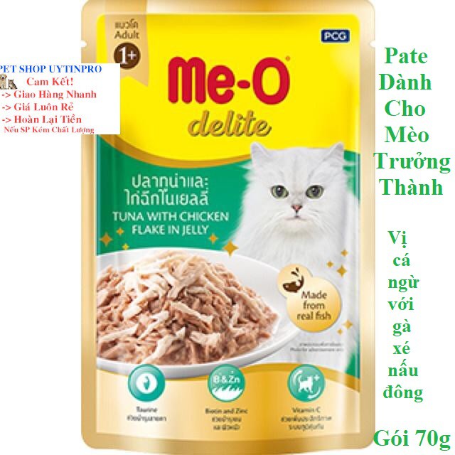 [Hoàn tiền 10%]  THỨC ĂN CHO MÈO Me-O delite Dạng Pate Vị cá ngừ với gà xé nấu đông Gói 70g Xuất xứ Thái Lan - Pet shop Uytinpro