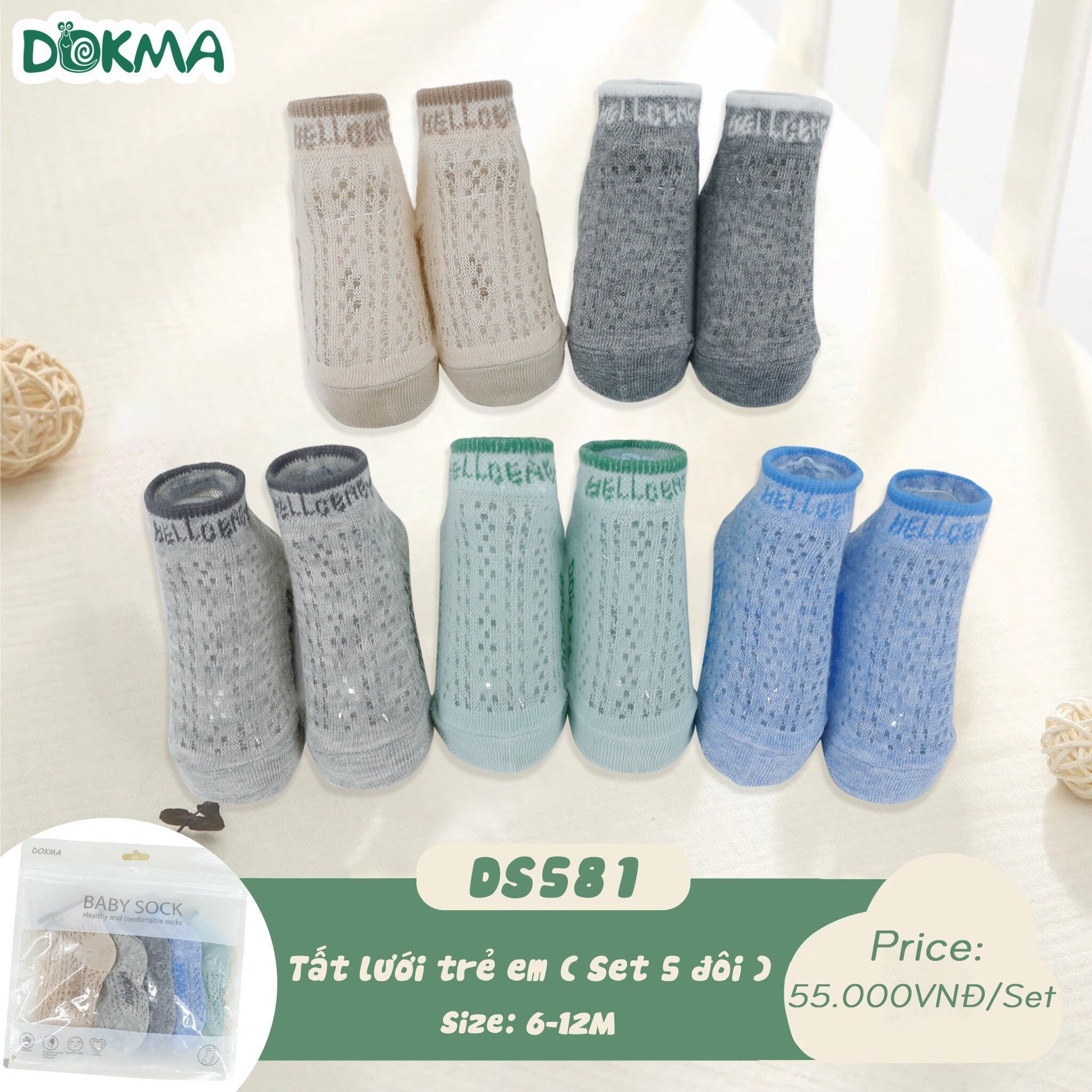 Tất lưới sơ sinh Dokma set 5 đôi dùng 4 mùa (0-12m) (DS580 - DS581)