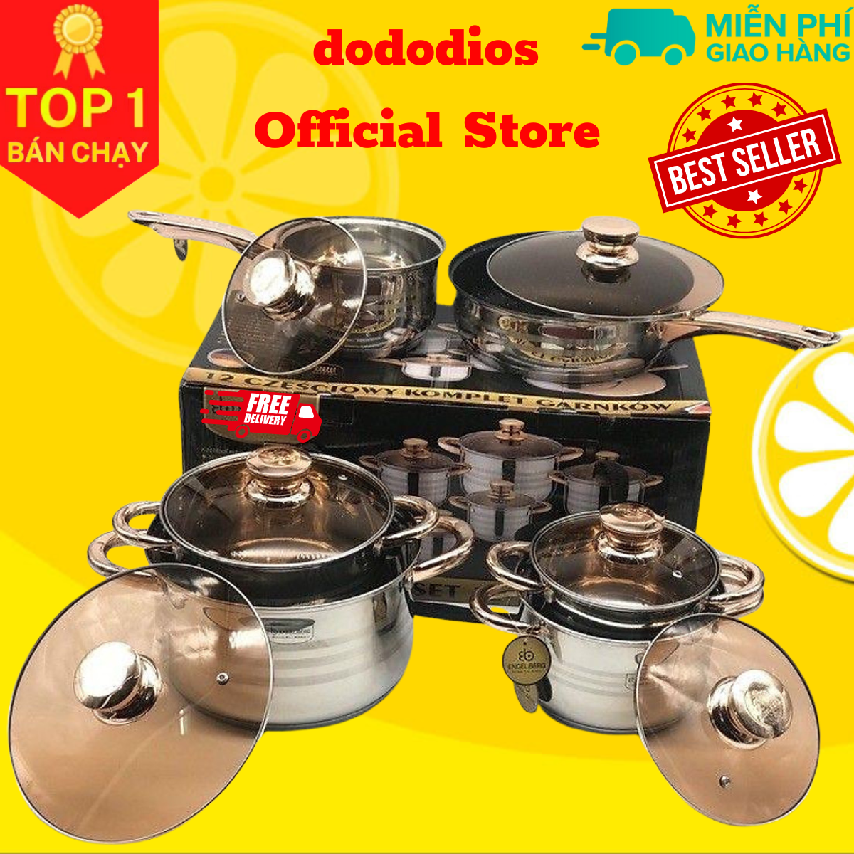 Bộ Nồi Đức 6 món 12 chi tiết, Đáy siêu dày 5 lớp, Nồi inox bếp từ, bếp ga
