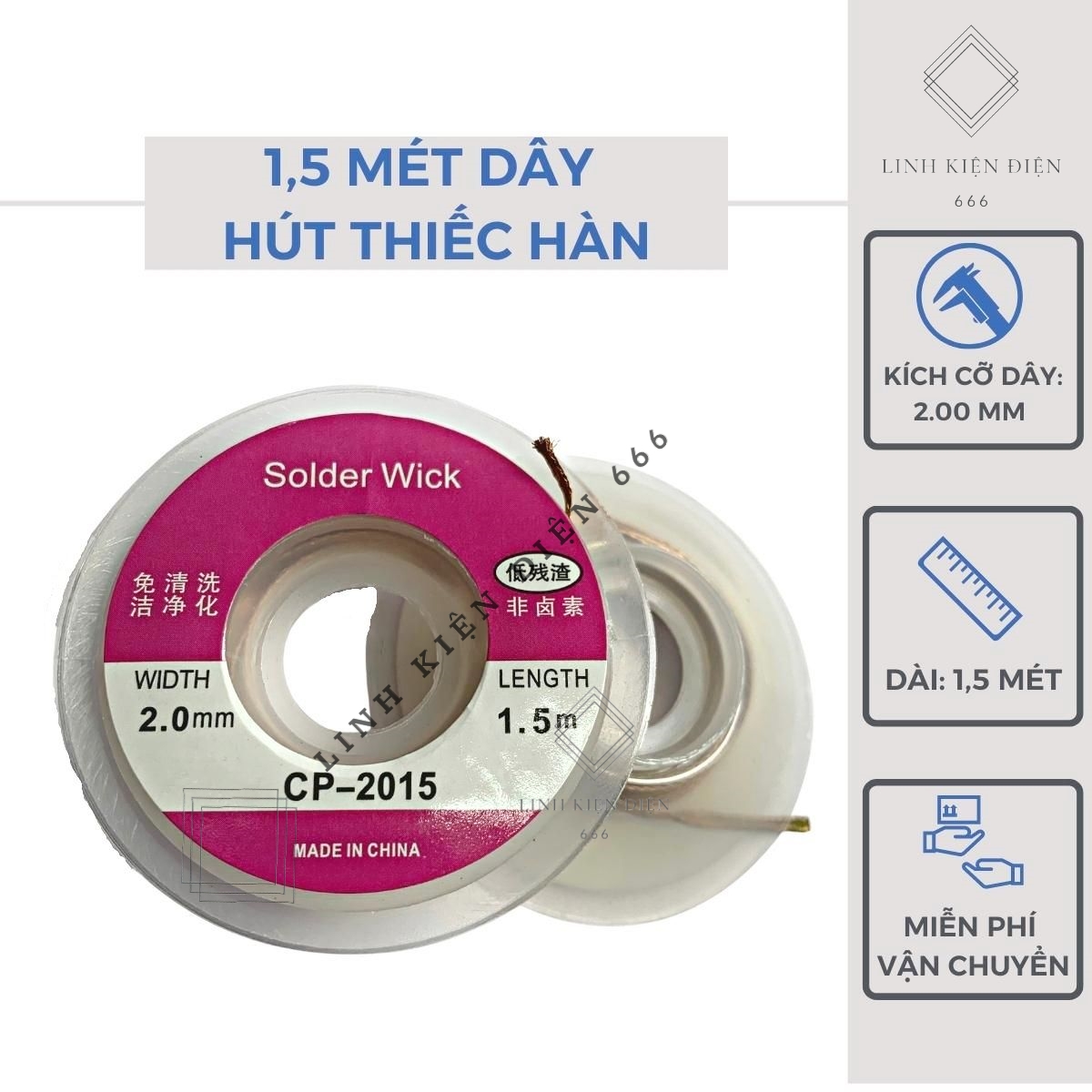 Dây Hút Thiếc Hút Chì Hàn Dây Đồng Hút Thiếc (1,5 Mét – 2.00mm) DHT2015M