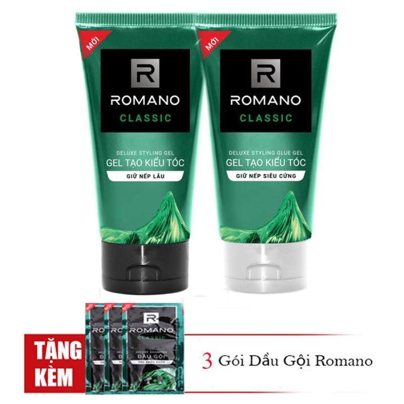Romano: Combo Gel Vuốt tóc giữ nếp lâu mềm tóc150ml và Gel vuốt tóc siêu cứng 150ml +Tặng 3 gói dầu gội cao cấp
