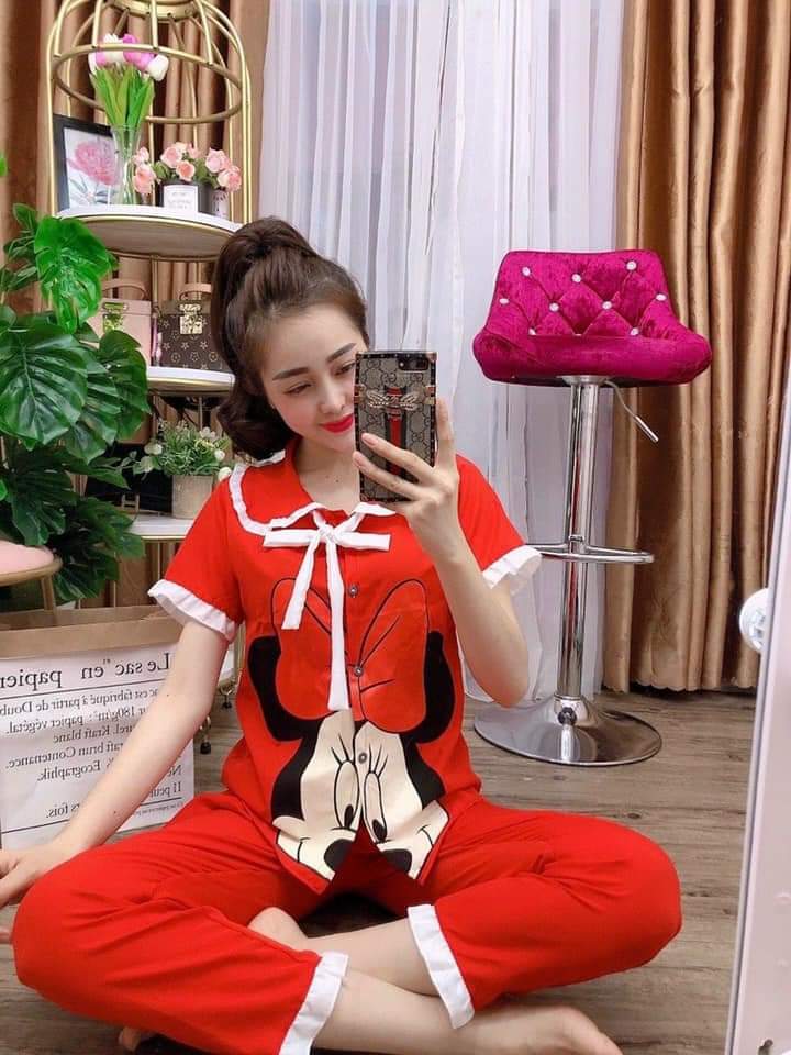 Set bộ pizama lụa kate freesize 45-65ky in hình chuột mickey