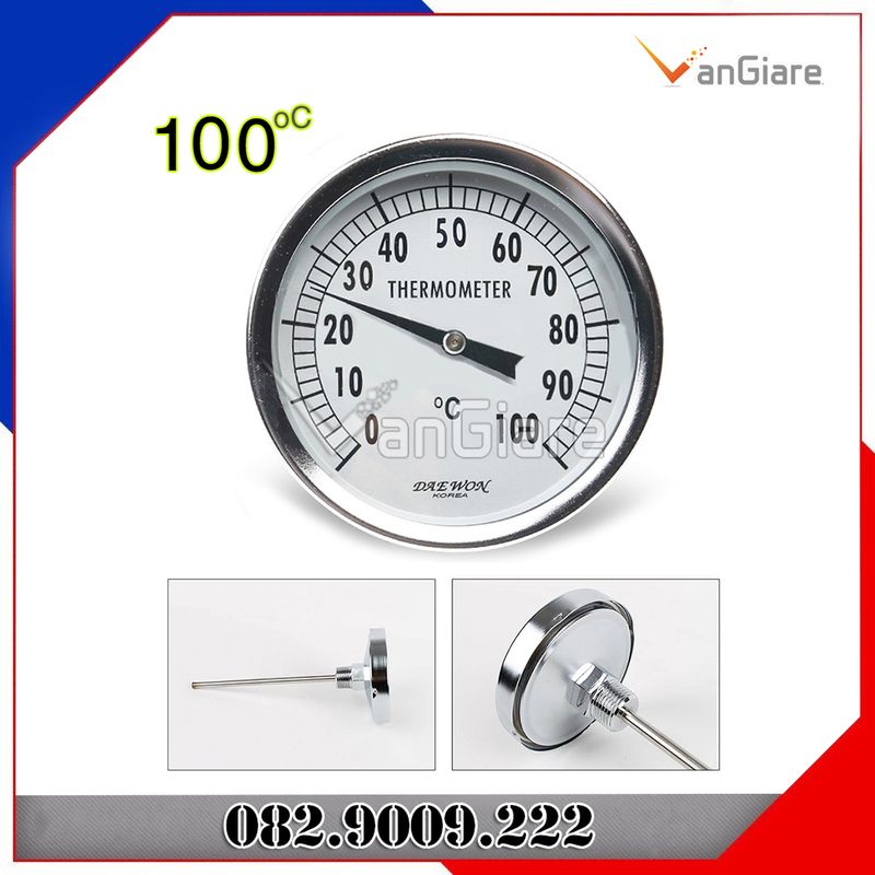 Đồng hồ đo nhiệt độ 100 độ C inox chân sau DAEWON Hàn Quốc dùng cho lò hơi, lò sấy, lò nướng