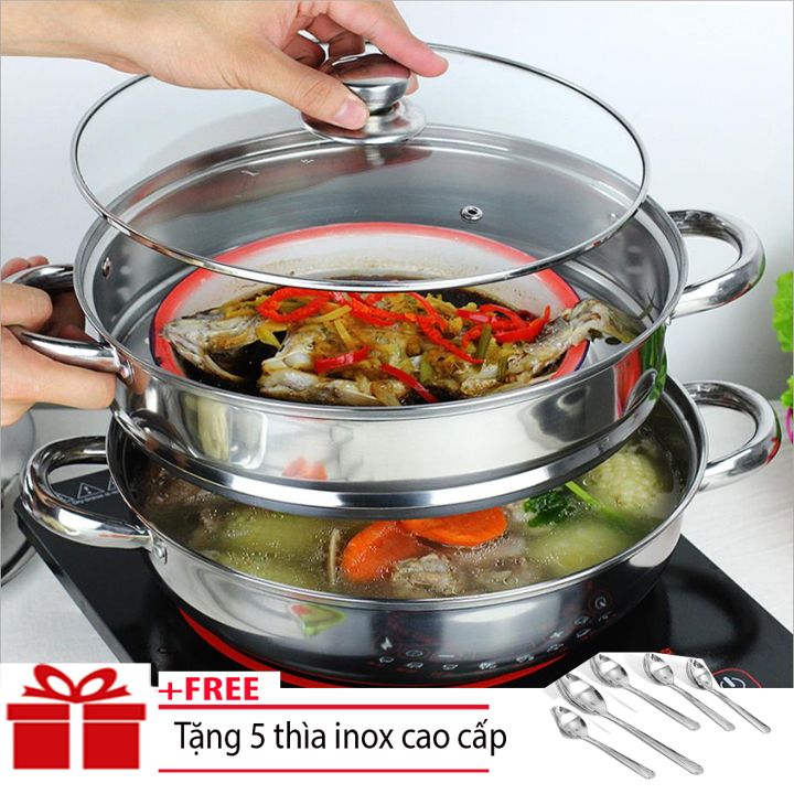 Nồi Hấp Inox 2 Tầng 28cm - cỡ lớn, mặt kính, chất liệu inox, hấp, nấu canh, kho, hầm, dễ xếp gọn lên nhau