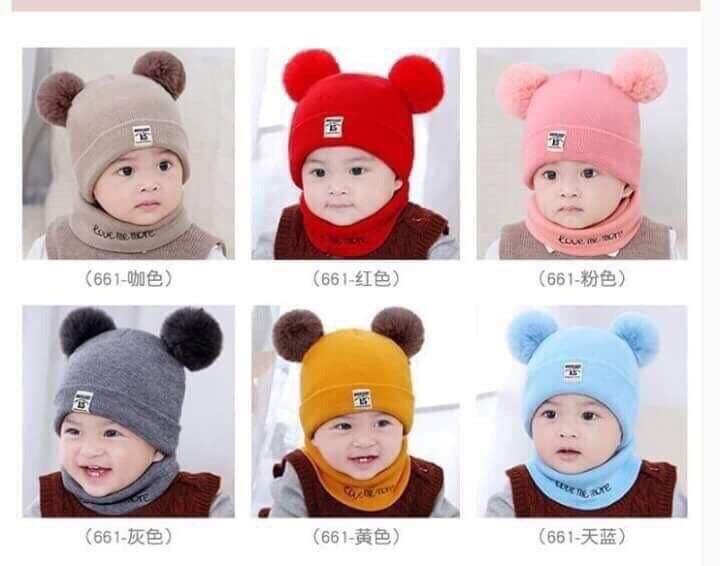 Bộ khăn mũ len hai quả bông cho bé