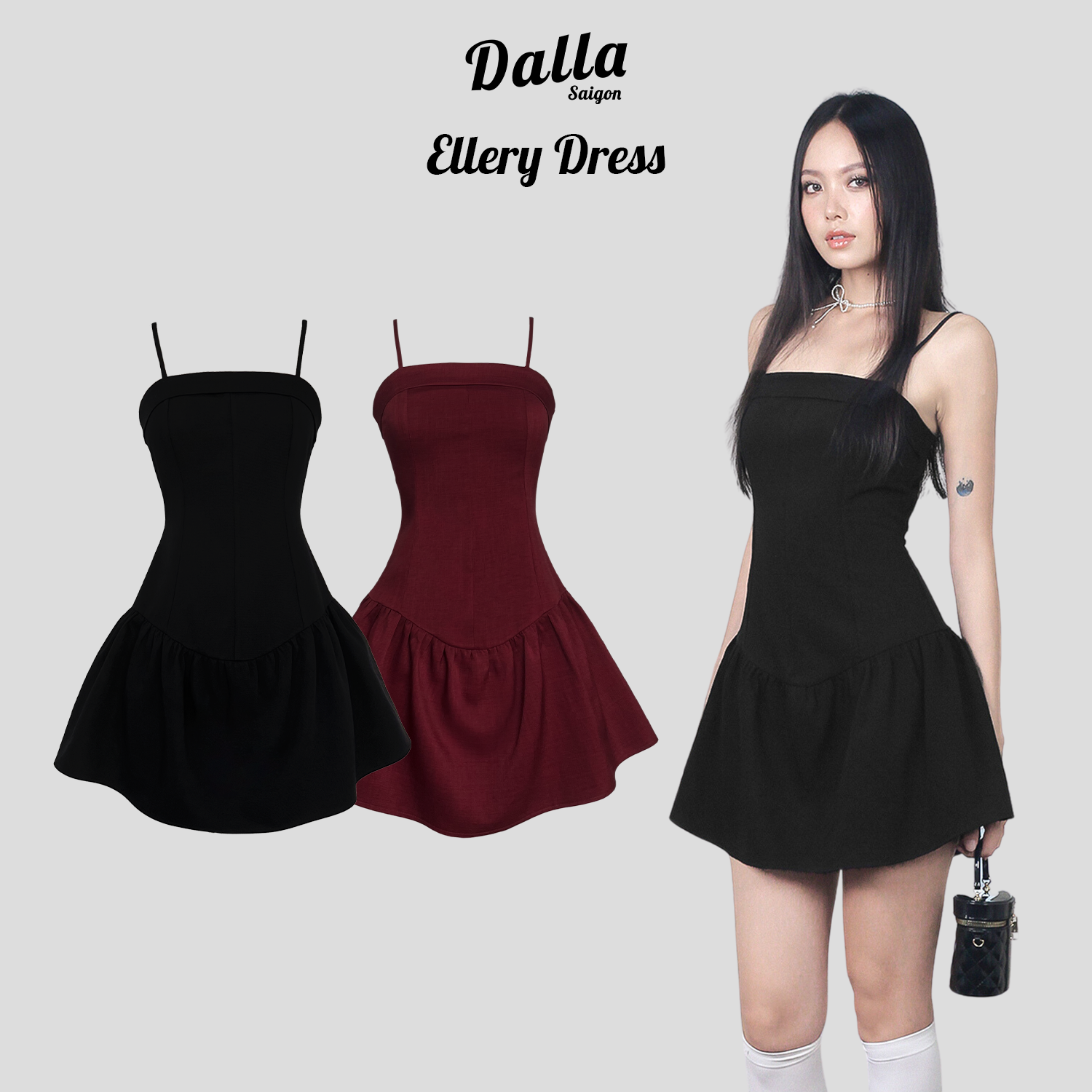 DALLA Đầm dây phồng cúp ngực cổ ngang (D12)