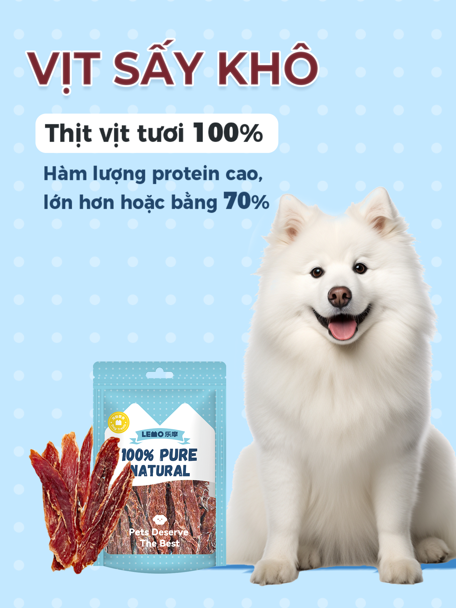 Thịt vịt tươi sấy khô cho chó LEMO túi 70g