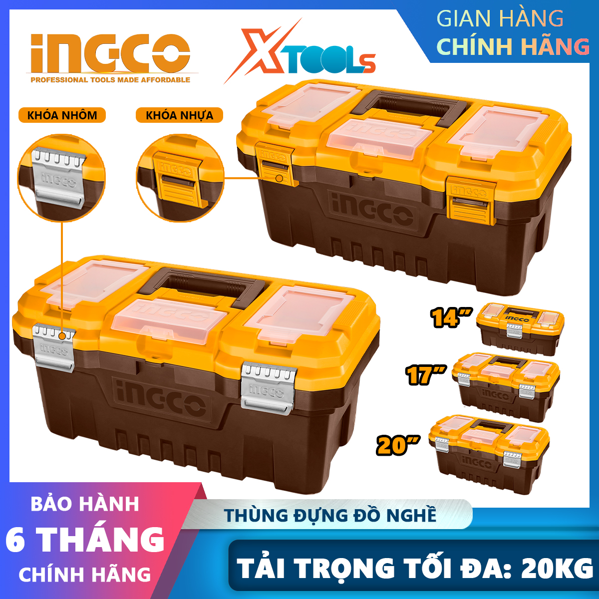 Thùng đựng đồ nghề đa năng INGCO 14-17-20 inch | hộp đồ nghề/dụng cụ 5 ngăn nhựa PP chịu lực cao, chống va đập, khóa kim loại hoặc khóa sắt