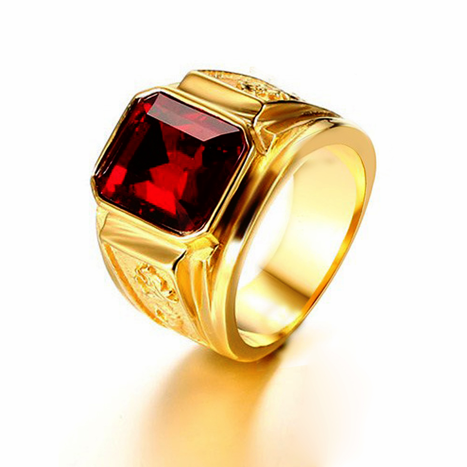 Nhẫn nam titan chạm rồng mạ vàng 24k, mặt đá đỏ RC183
