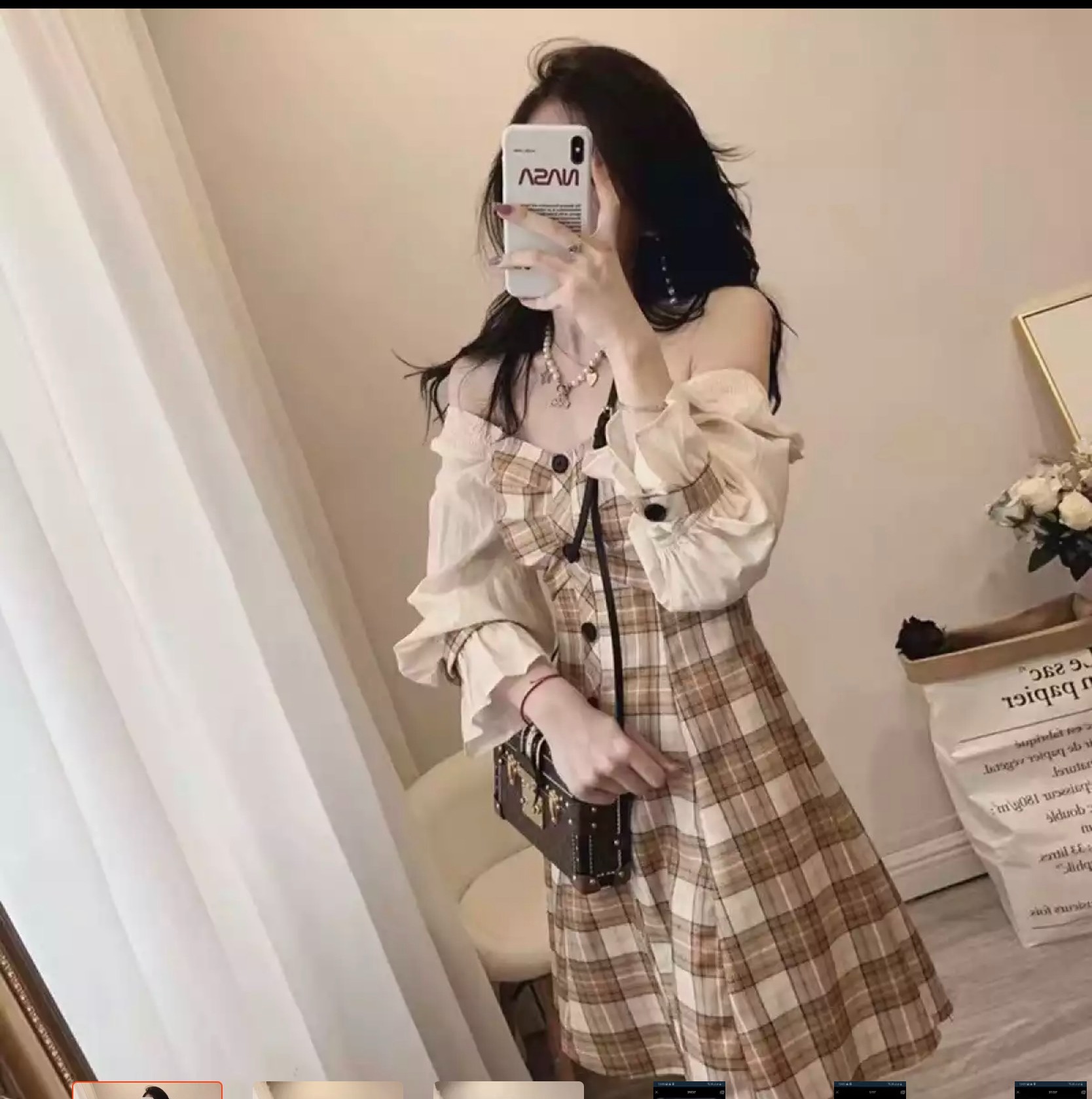 Đầm xòe caro phối tay voan trễ vai ulzzang xinh xắn siêu dễ thương ttsa1136