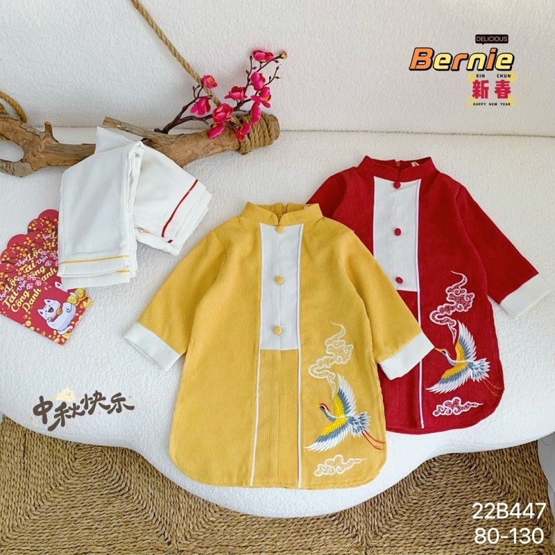 Set áo dài vạt tròn thêu hạc siêu đẹp cho bé trai