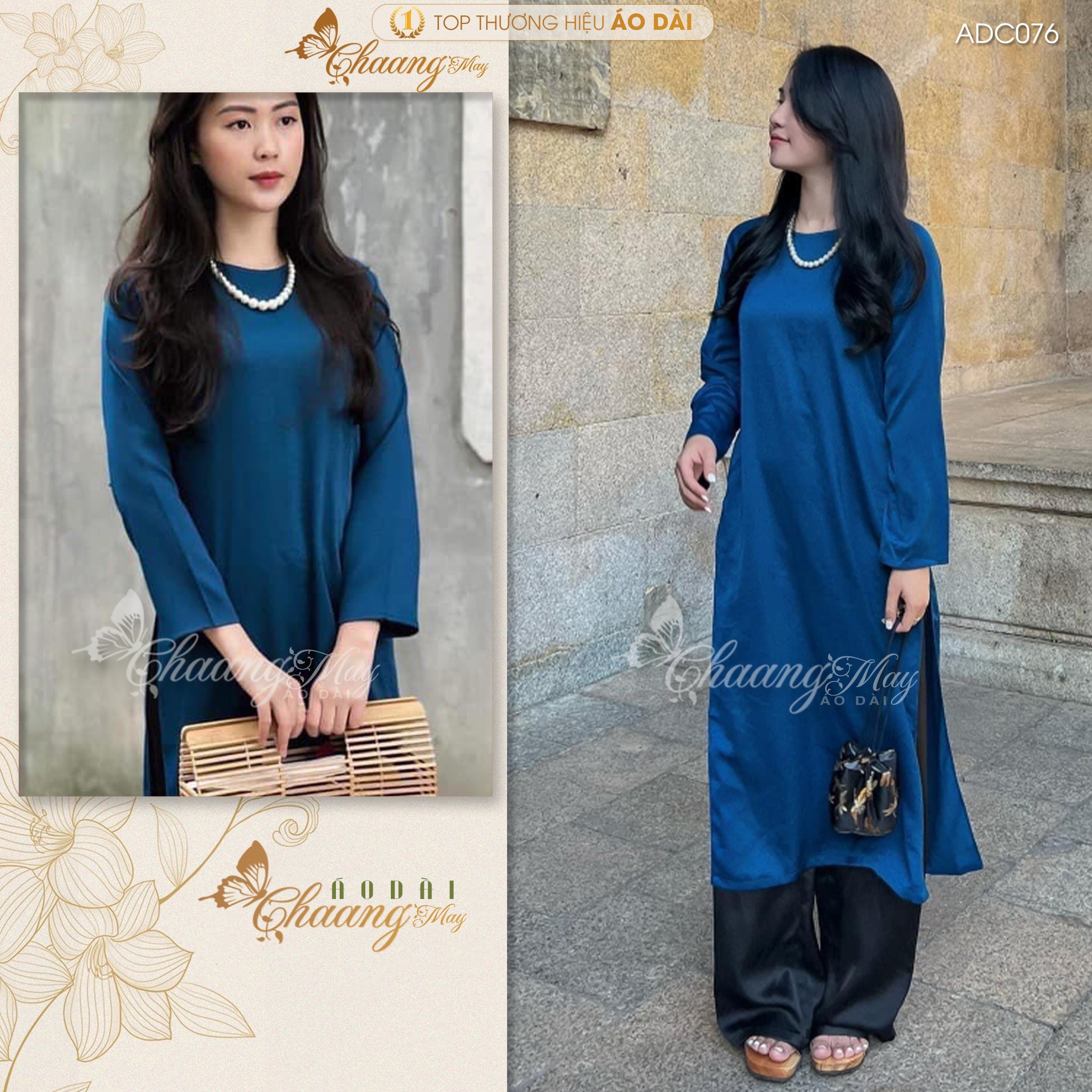 Áo dài cách tân nữ xanh lam Navy dáng suông xưa Chaang may sẵn lụa xuông bầu dự tiệc lễ tết đẹp ADC076
