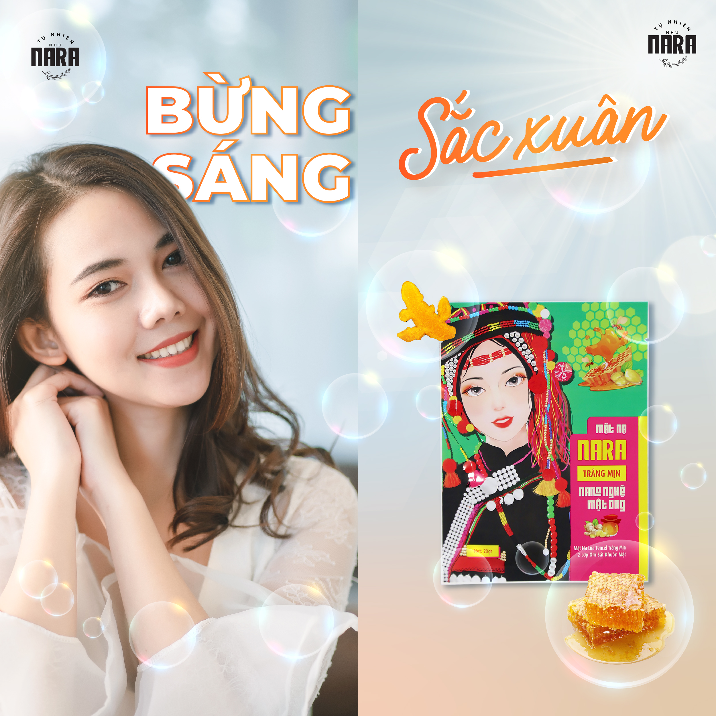 COMBO 3 miếng Mặt Nạ Lụa Dưỡng Trắng Cấp Ẩm Da NARA Nano Nghệ Mật Ong