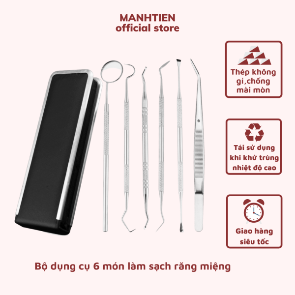 Bộ 6 dụng cụ cạo vôi răng lấy mảng bám làm sạch răng miệng bằng thép không gỉ cho cá nhân KÈM HỘP ĐỰNG - DTM Store