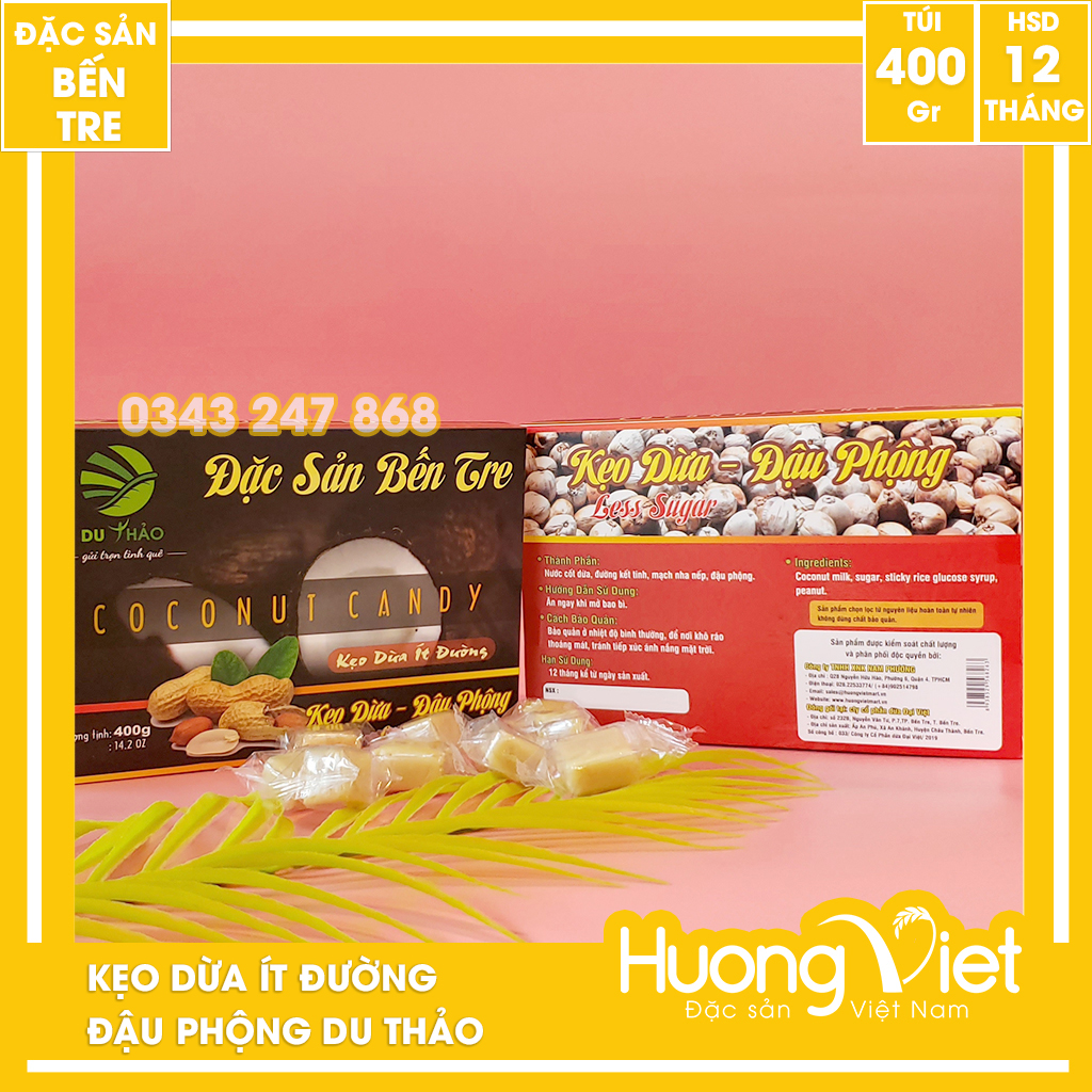 Kẹo dừa đậu phộng ít đường Du Thảo 400gr