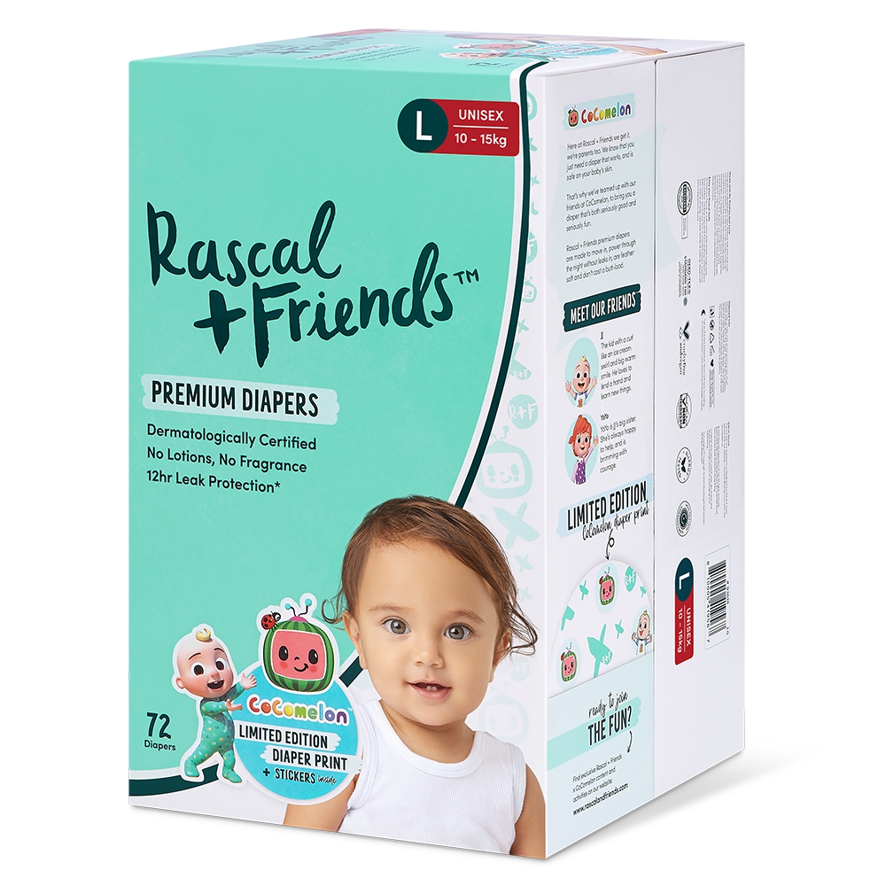 Thùng Tã dán Rascal+Friend Cocomelon (L,10-15kg, 72 miếng)