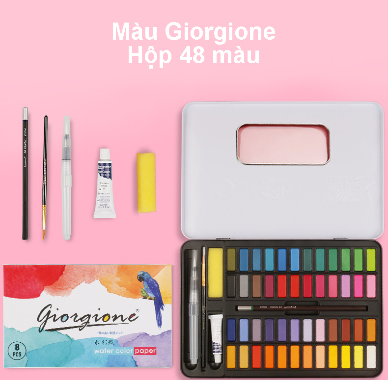 Màu Nước Giorgione Cao Cấp 36/48 Màu Tặng Kèm Bút Nước, Bút Lông, Bút Chì ,Miếng Mút , Giấy Vẽ