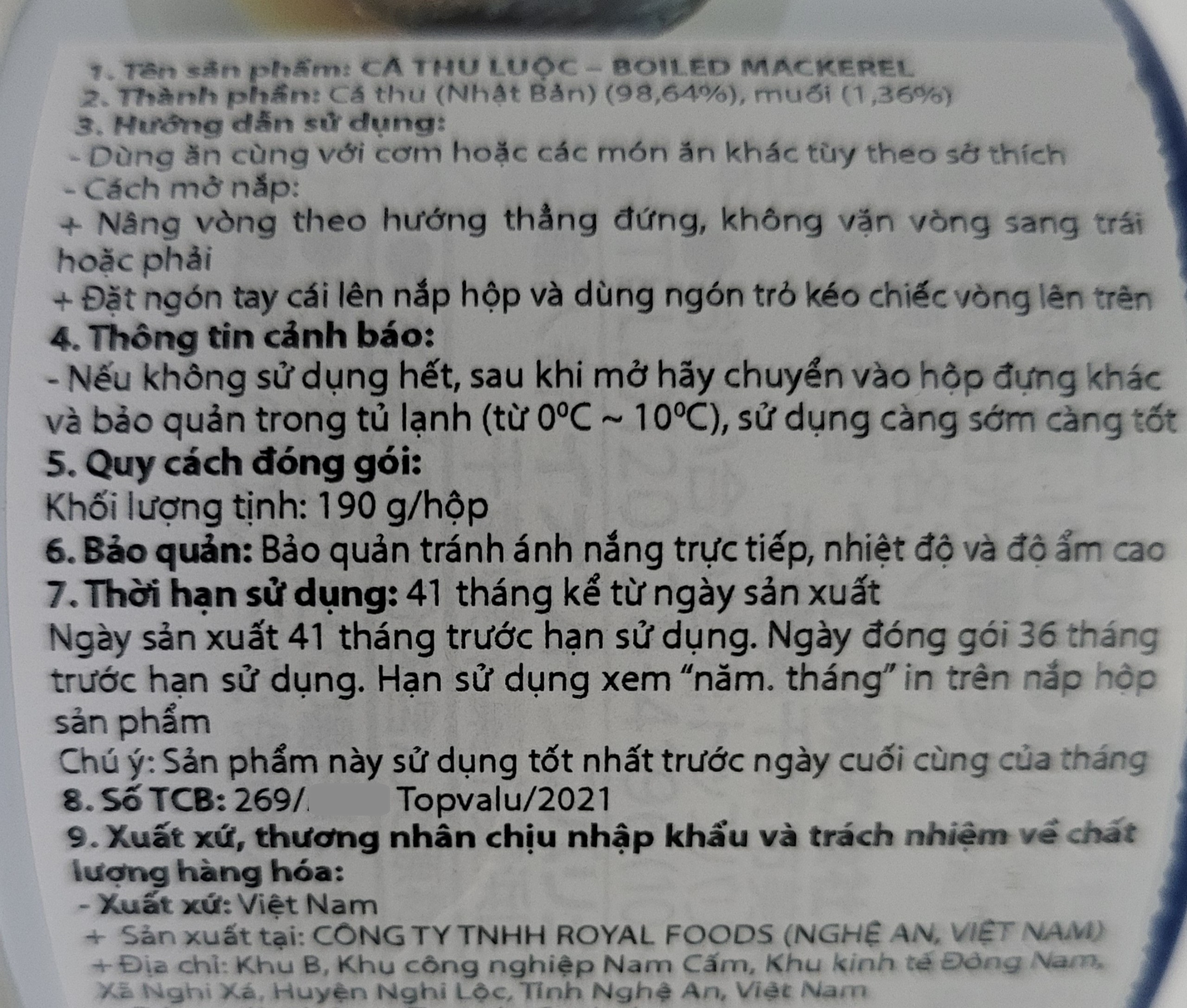[Hộp X.DƯƠNG 190g] CÁ THU NHẬT BẢN LUỘC [VN] TOPVALU Boiled Mackerel