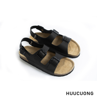 Giày Sandal Unisex HuuCuong 2 khóa da bò đen đế trấu thumbnail