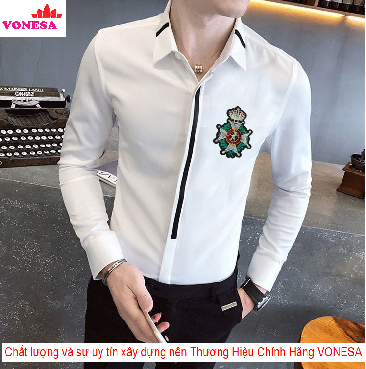 Áo Sơ Mi Nam Cổ Bẻ phối lô gô vương miệng cực hot mẫu mới vonesa